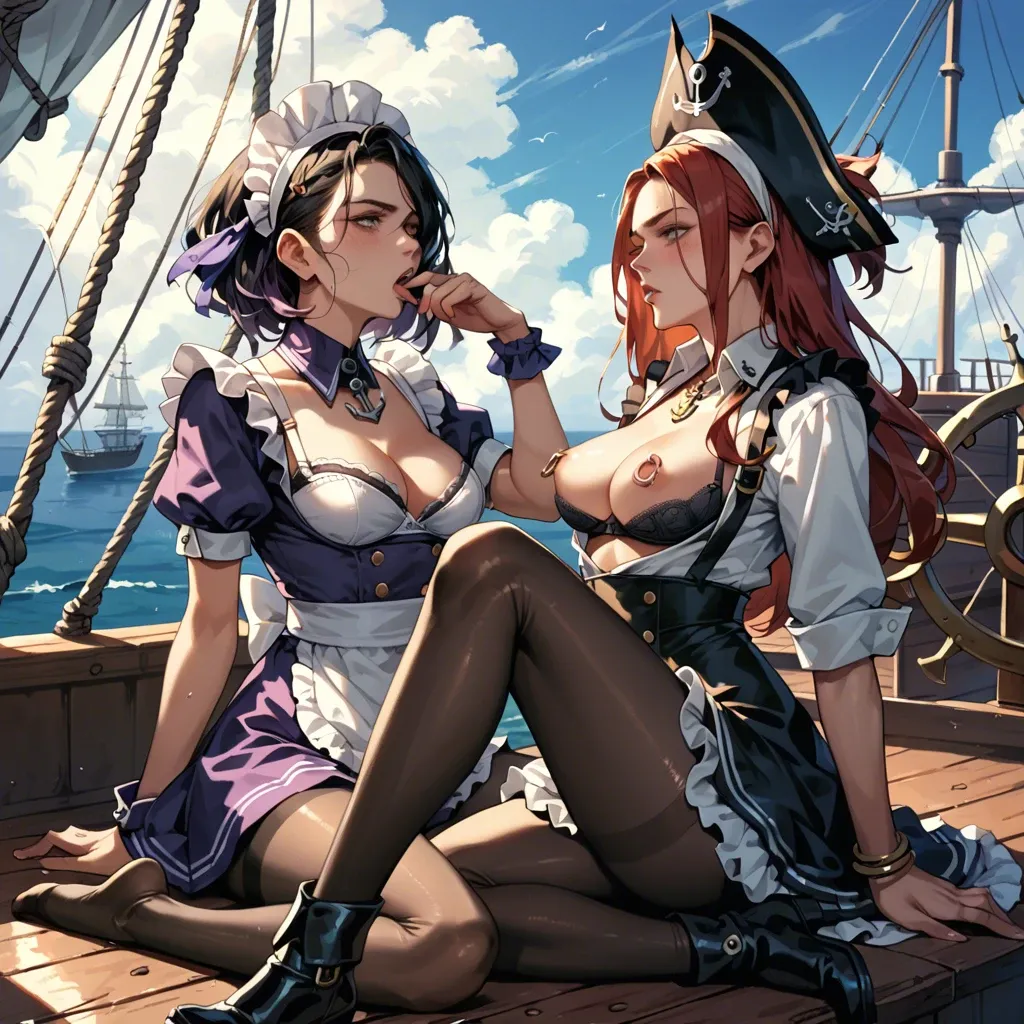 2girl, , , , hand in mouth,shiny metal,nipple ring,pirate ship,anchor necklace, white shirt,pantyhose,maid hat,bra,no shoes, purple dress,black leggings,bracelets,white leotard,boots, blue shirt,black fishnet,blue gloves,black leotard,white sneakers, ocean, castle, realistic eyes, dimmed, linked, anna, ariel waifu