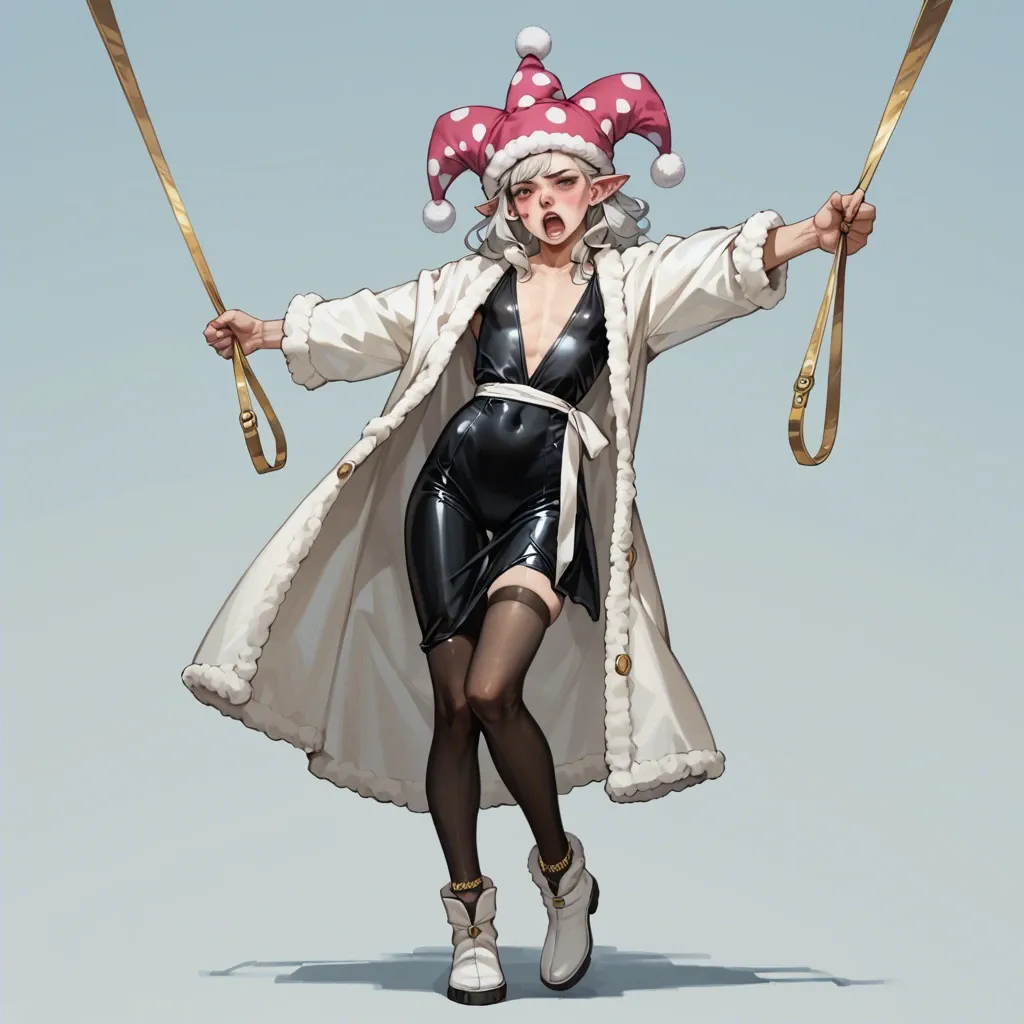 1girl,solo, , , , reaching,hands tied,flat chest,waist grab,wrists bound, bathrobe,gold anklets,wool hat,swimsuit,shoes, long dress,stockings,jester cap,black bodysuit,white boots, painful shibari, daphne blake, cyberpunk, collarbone, phone screen, ultra detailed, bright lighting, 2 boys, spider-gwen