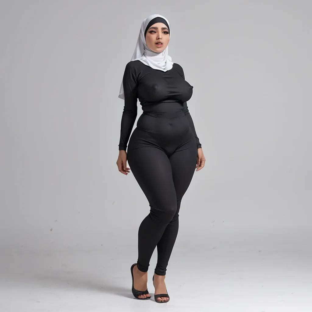 Asian girl, asian hijabi, asian hijab, black dress, nipple bulge, big breast, wide hips, big thighs, full body, big butt, fat butt