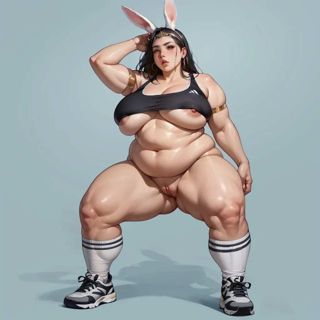 2girl, , , , pussy slip,fat obese arms,light areolae,men background,bare shoulder, dark grey eyes,armlet,nipple,rabbit ears,knee socks, crop top,white socks,tiara,sports bra,shoes, half dressed,thighhighs,laurel crown,bra lift,high heels, palace bedroom, subway, spaceship, anime a, dark, elsa