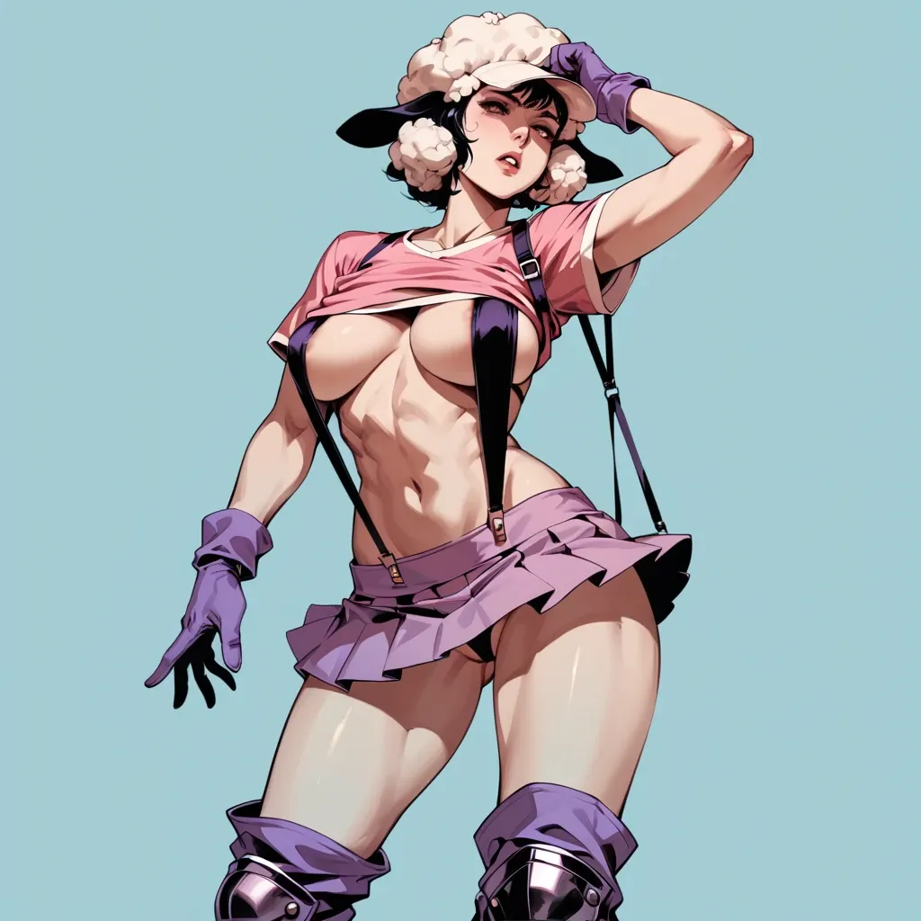 1girl,1boy, , , , dimples,arm support,big breasts,absurd res,limited palette, pink t-shirt,leg warmers,purple gloves,mini skirt bra,armored boots, shirt lifted up,socks,wool hat,sling bikini,thigh boots, gym, castle, hands on table, cute anime face, bright-lit room, princess peach, elsa