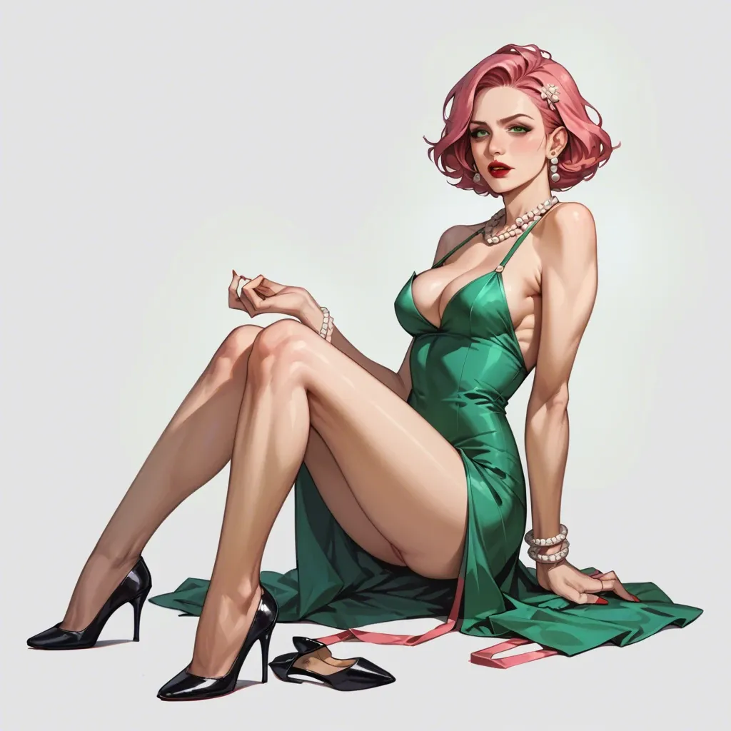 Sakura haruno, pink hair, red lipstick, elegant green dress, pearl collier, bracelets, earrings, heels removed, barefoot