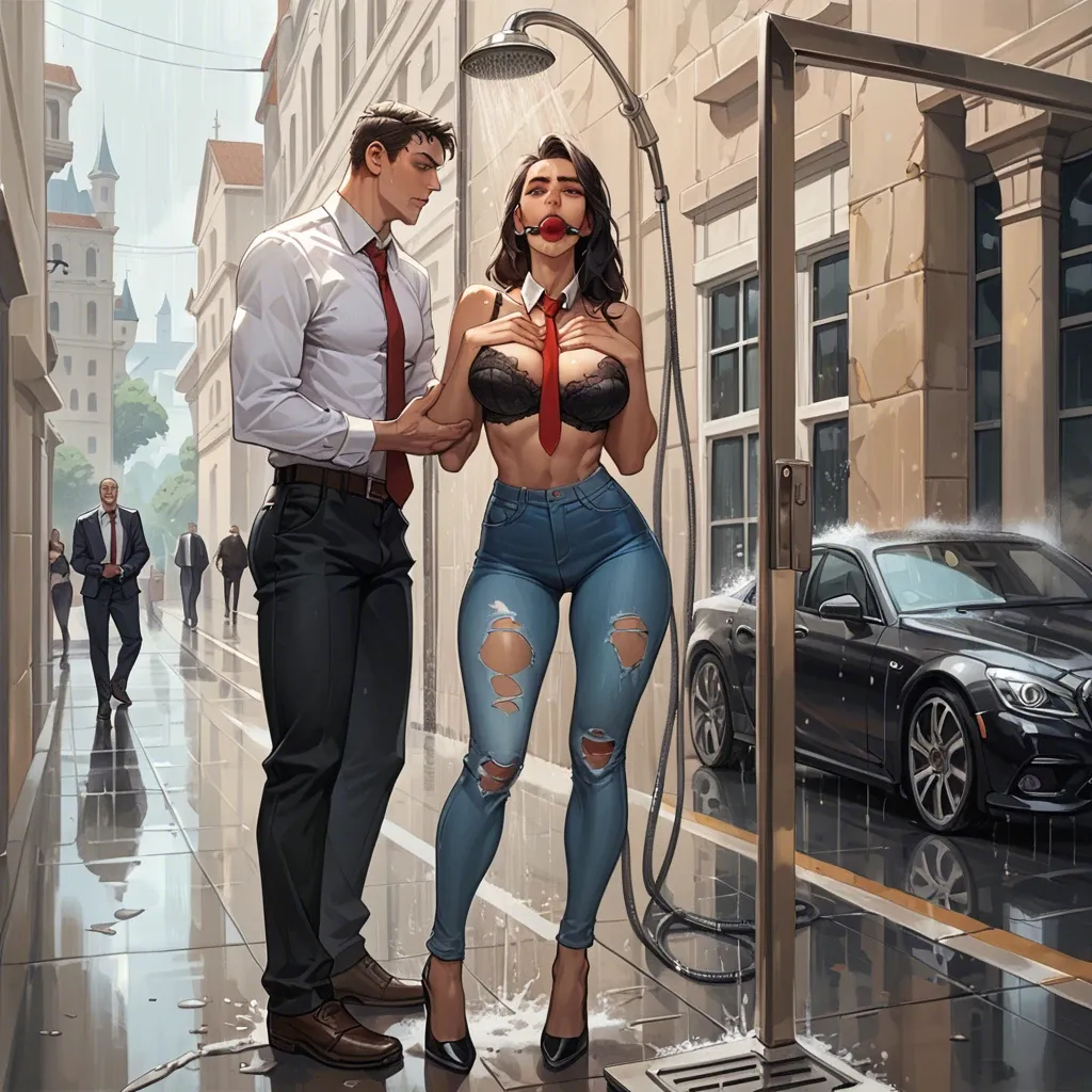 1girl,1boy, , , , high cheekbones,arms on breasts,big perky boobs,narrow waist,necktie, torn jeans,black lace bra,necktie,panties on,heels, shower, parking, castle exterior, gag, lara croft, elsa hair, dynamic