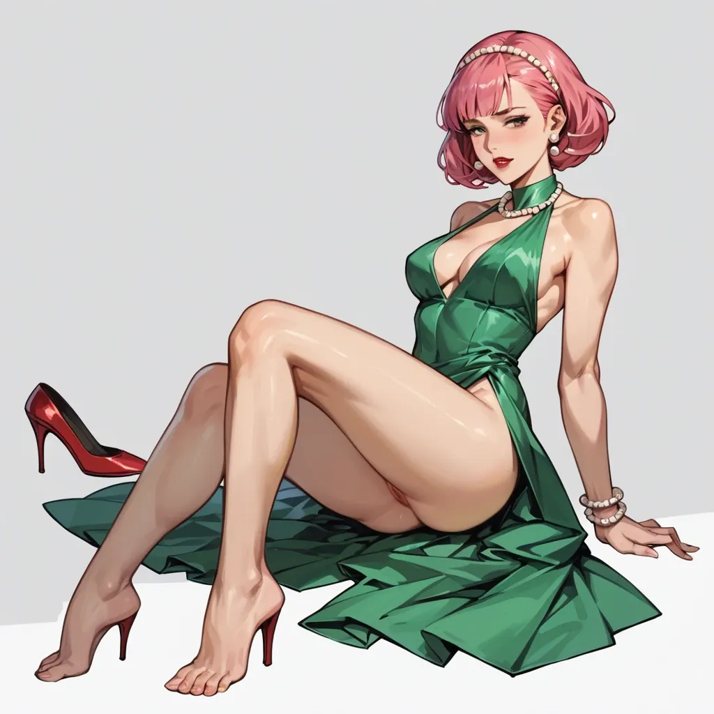 Hinata, pink hair, red lipstick, elegant green dress, pearl collier, bracelets, earrings, heels removed, barefoot