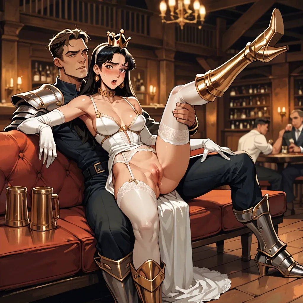 1girl,1boy, , , , rosy cheeks,1 leg up,medium tits,arching back,broad shoulders, long dress,leggings,gold crown,lingerie,armored boots, couch, depth of field, tavern setting, gold collar, disney princess