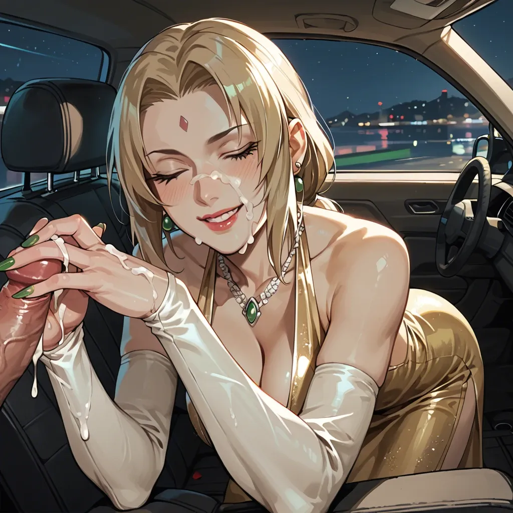 Tsunade, ponytail, presenting hands, cum on hands, cum on face, smiling, in car seat, night, elegant golden dress, elbow gloves, necklace, earrings, green nails, bent over, 1 eye closed, removed heels