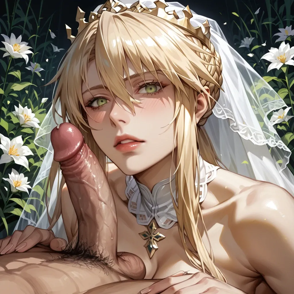 artoria from fate zero,a graceful bride straddling on penis amidst blooms in fields,long lustrous hair,flowers ring,detailed beautiful face,close up portrait,detailed portrait,drawing focus on body above legs,highest quality,highest definition,highest resolution,highest sharpness,highly detailed photo,fuller figure,bbw,exquisite face,big ,detailed puffed nipple,huge boobs,engorged tits,detailed clear pussy,detailed clear vagina,highlights,exquisite features,masterpiece,woman on top,pussy on penis of man,cum inside pussy,penis is inside pussy,sex from below,ear rings,pov vaginal sex,view from below,perfect eyes,golden ratio,huge body scale,naked,half nude,shy blush,woman straddling on penis with vaginal sex,cowgirl position,cum covered,oiled wet skin,oiled lotion body,graceful pose,hands up,long braided hair, bangs, golden eyes, ((Ringed Eyes)),exquisite face, <lora:more_details:#>, <lora:more_details:1>,