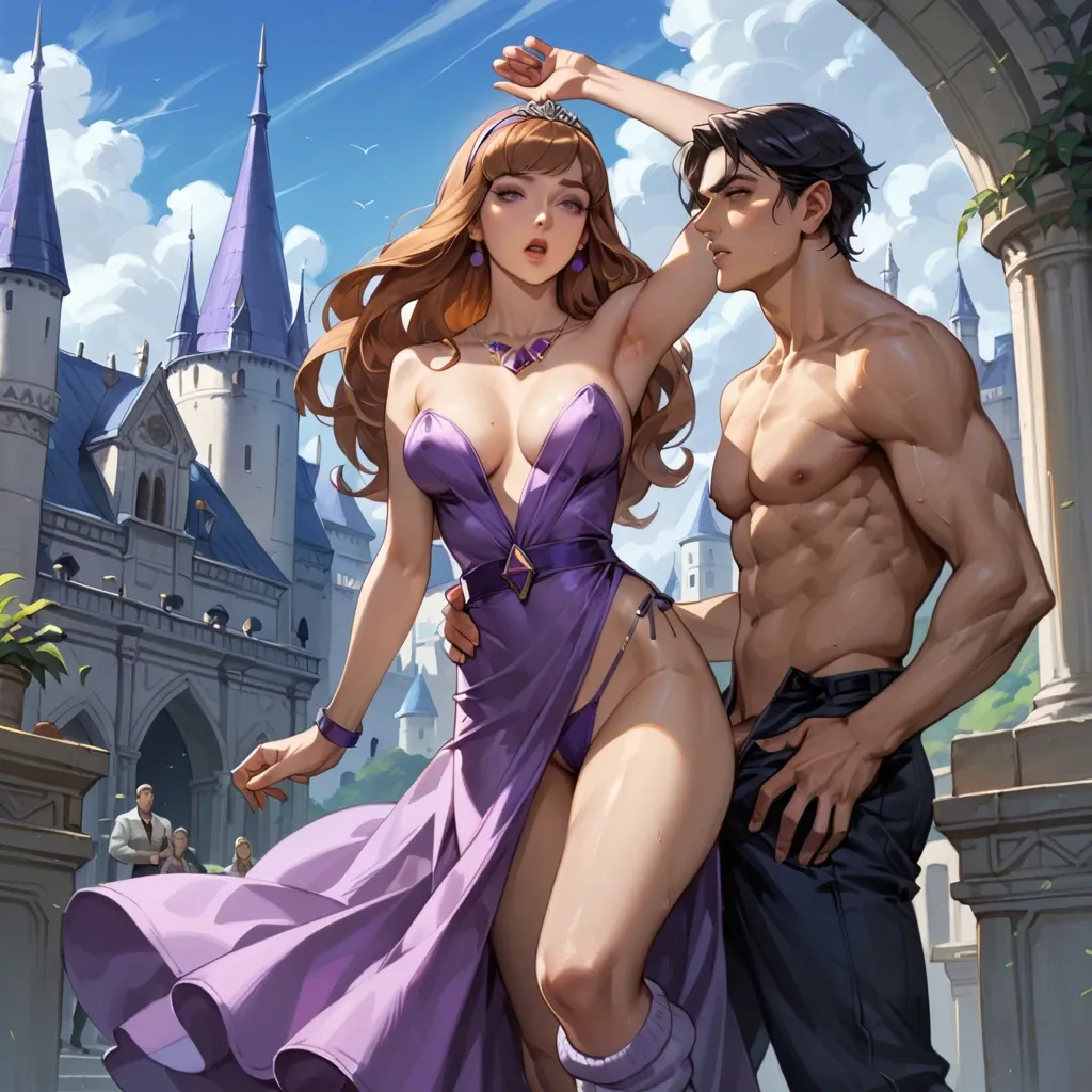 1girl,1boy, , , , long eyelashes,clean armpit,defined nipples,slim waist,knee-high, silk gown,leg warmers,silver tiara,low rise thong,stiletto heels, daphne blake, castle exterior, zelda, elsa, dynamic angle