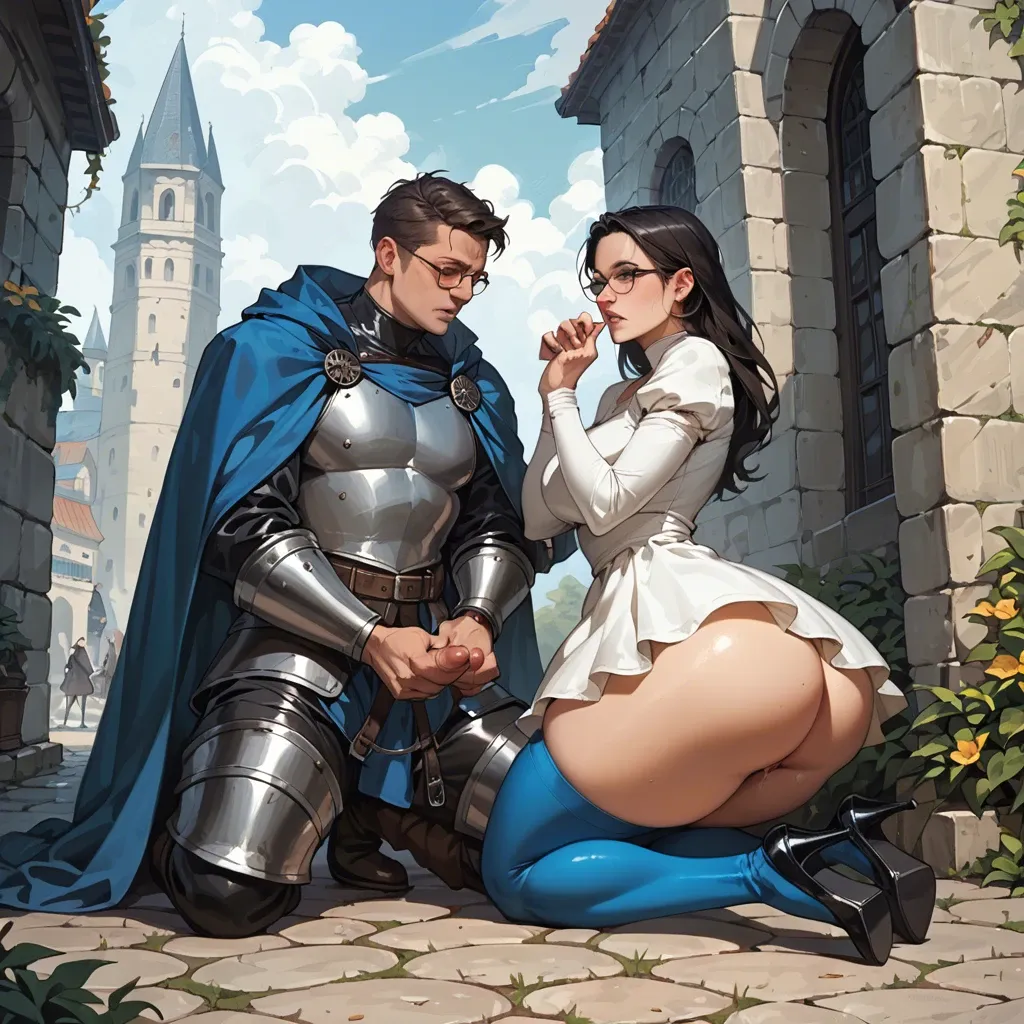 1girl,1boy, , , , eyes half open,armor,round boobs,gigantic hips,on knees, medieval dress,leg warmers,glasses,latex bodysuit,high heels, sundress,blue stockings,cape,gray sports bra,gothic boots, crossdressing,gold necklace,silver tiara,no panties,sandals, bare shoulders, on beach, spaceship, robot eyes, a realistic, dark background, tifa lockhart, belle, ayanami rei