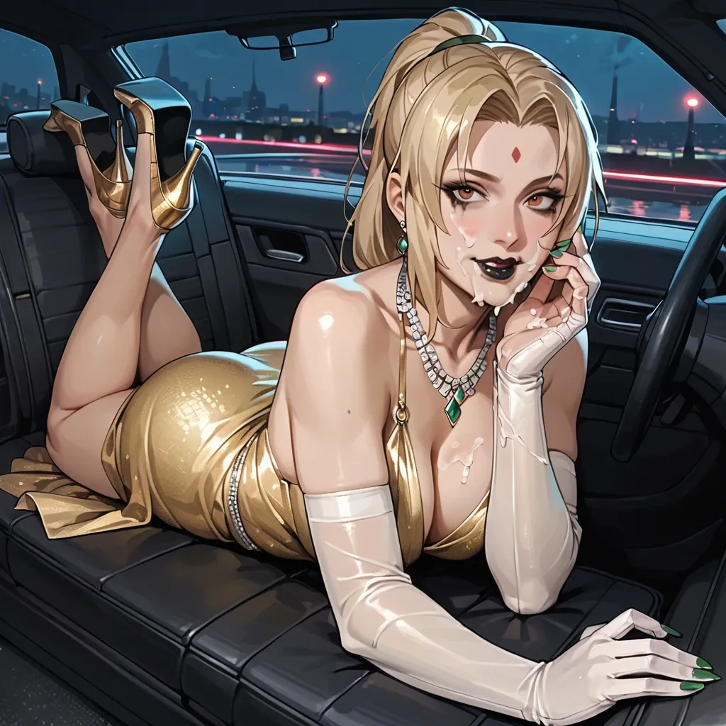 Tsunade, ponytail, presenting hands, cum on hands, cum on face, smiling, in car seat, night, elegant golden dress, elbow gloves, necklace, earrings, green nails, lying, blink , transparent heels, black lipstick, runny lipstick, mascara tears