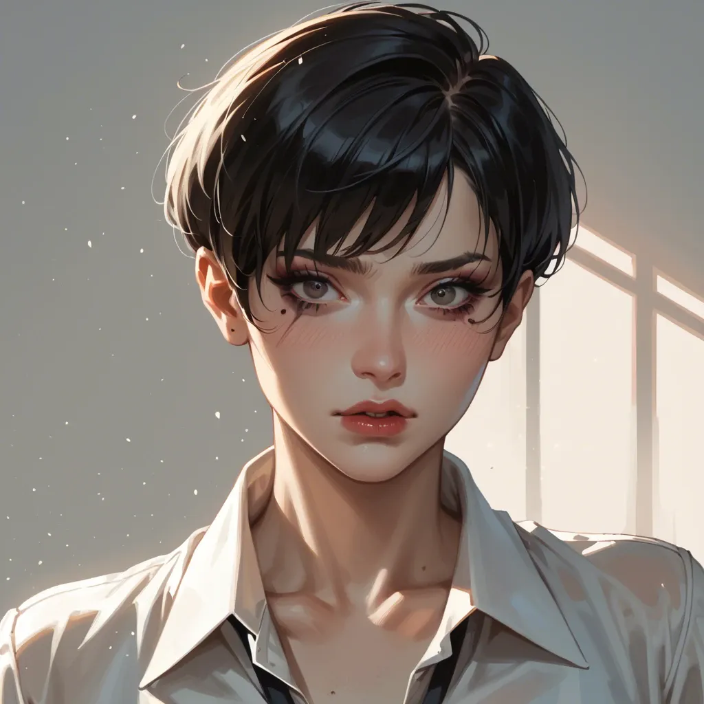 30s, tall, slender, fair skin, light makeup, career woman, black hair, pixie cut, professional, vulnerable, semi-realistic anime, embarrassed expression, Spirited Away art style, married woman, cinematic shot, dynamic lighting, 75mm, Technicolor, Panavision, cinemascope, sharp focus, fine details, 8k, HDR, realism, realistic, key visual, film still, cinematic color grading, depth of field, natural beauty