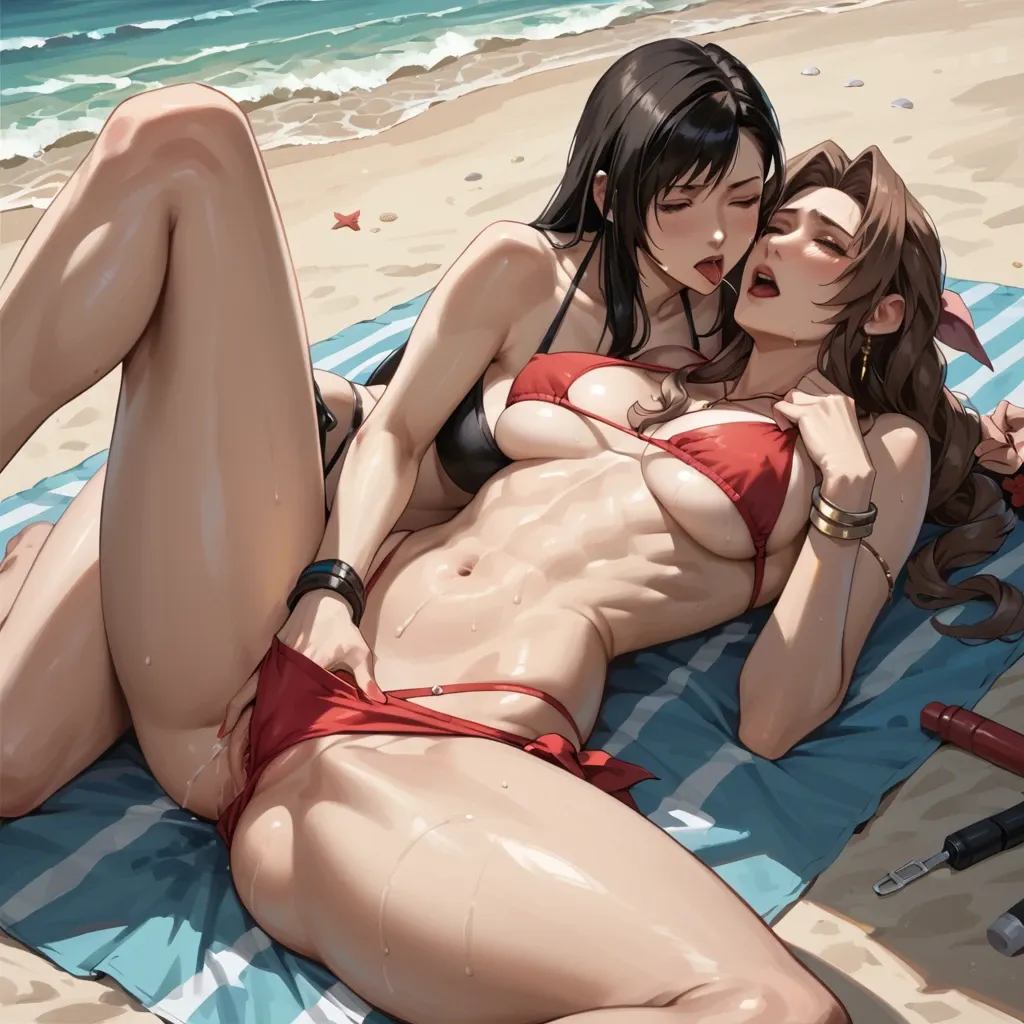 2 girls, aerith and Tifa, masturbating at a beach, bikini tops, bottomless, legs spread, squirt