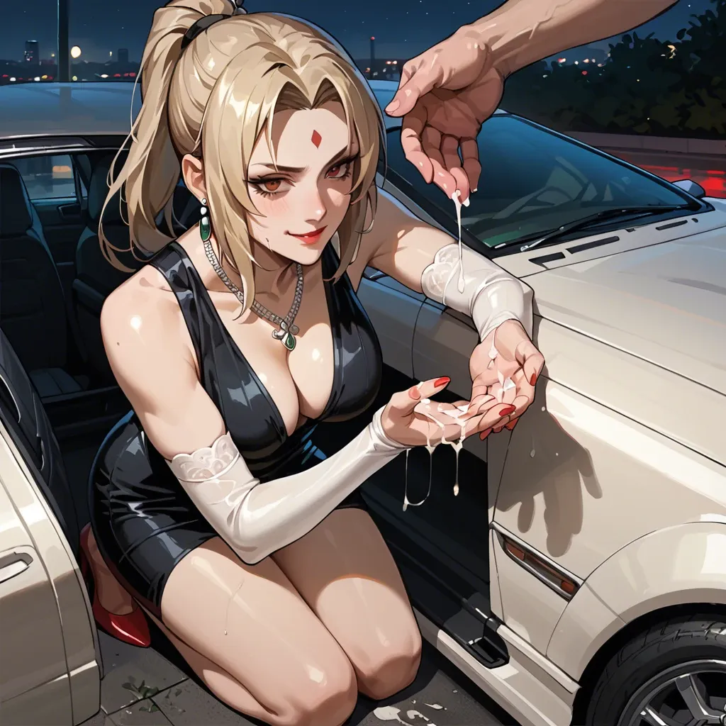 Tsunade, ponytail, presenting hands, cum on hands, cum on face, smiling, in car, night, elegant black dress, elbow gloves, necklace, earrings, red nails, on knees