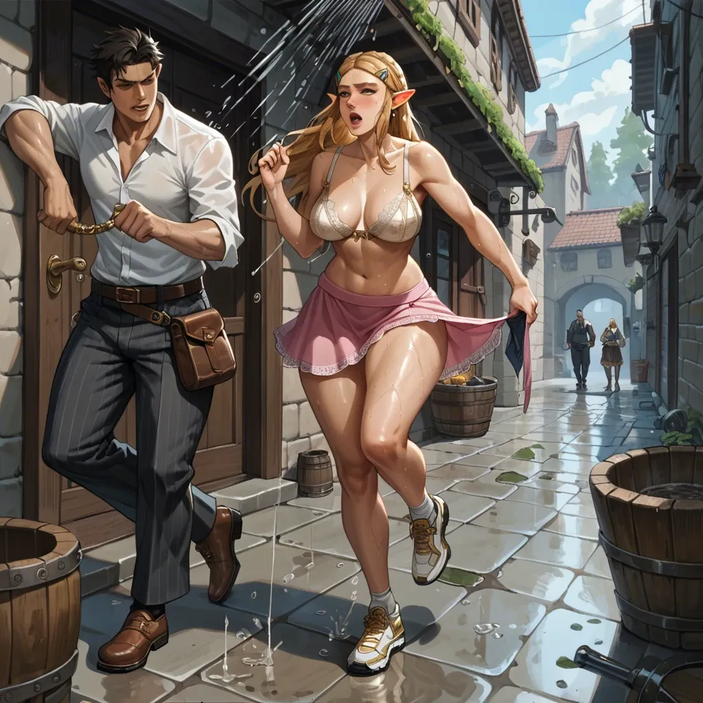 1girl,1boy, , , , sharp jawline,foot,saggy breasts,hips,broad shoulders, underskirt,lace lingerie,gold jewelry,pull wet bra,running shoes, shower, dark alley, medieval tavern, white sofa, princess zelda, belle