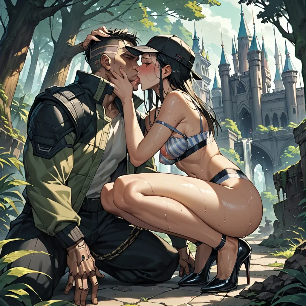 2girl, , , , nose blush,hand over mouth,sucking nipple,grab head,bare shoulders, half dressed,striped clothes,cap,wet bra,stiletto heels, palace bedroom, dark forest, cyberpunk, unleashed, source anime, backlit, lara croft, spider-gwen, waifu