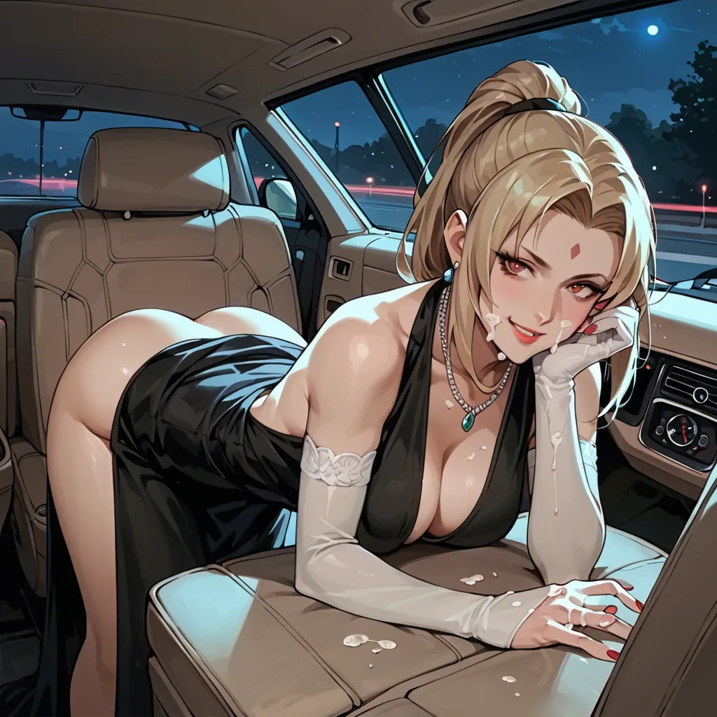 Tsunade, ponytail, presenting hands, cum on hands, cum on face, smiling, in car seat, night, elegant black dress, elbow gloves, necklace, earrings, red nails, bent over,