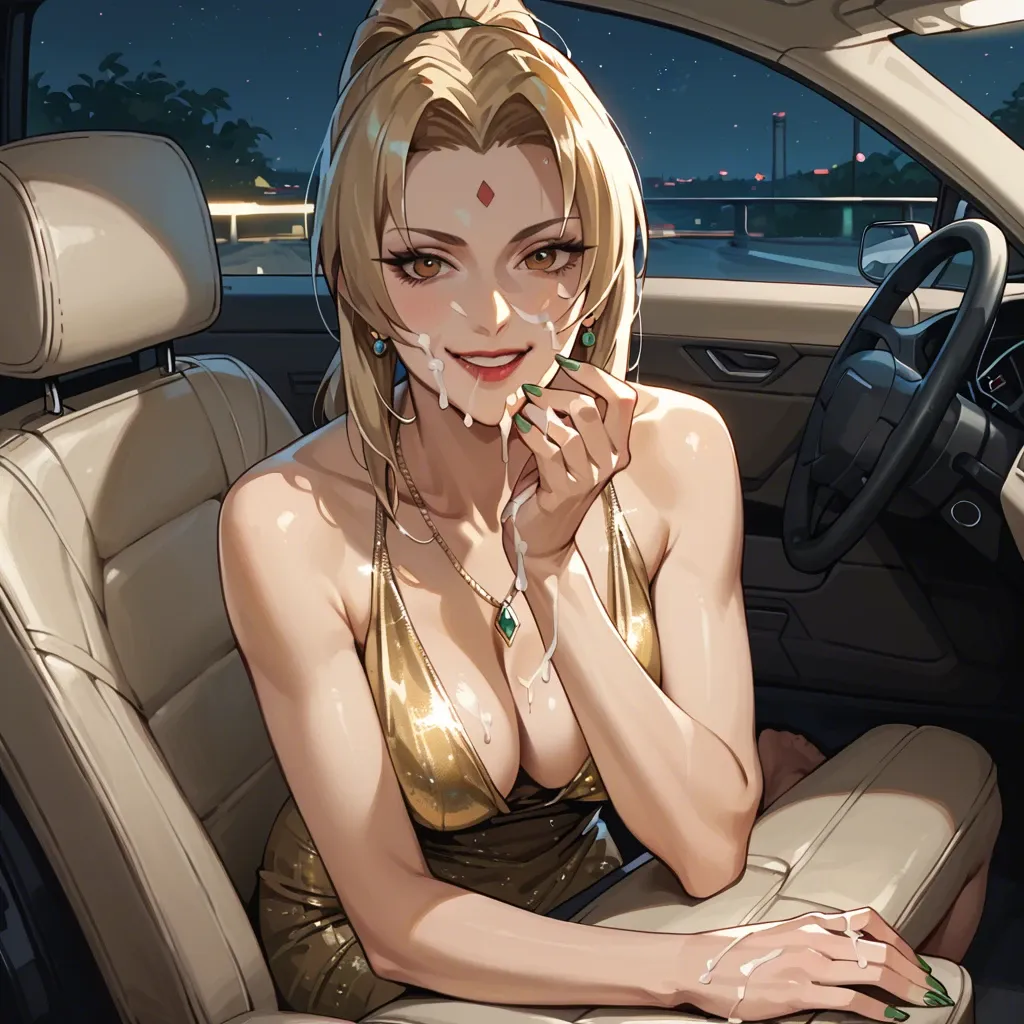 Tsunade, ponytail, presenting hands, cum on hands, cum on face, smiling, in car seat, night, elegant golden dress, elbow gloves, necklace, earrings, green nails, bent over, blink , removed heels, barefoot