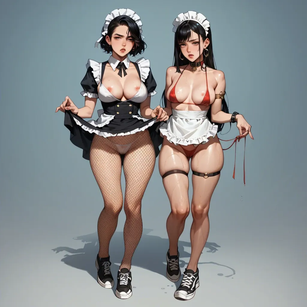 2girl, , , , high cheekbones,armlet,areola slip,round hips,thin knees, mini skirt,fishnet thighs,linked collars,bikini top lift,black sneakers, nightdress,pantyhose,maid hat,wet panties,thigh boots, cow costume,black pantyhose,metal rings,lace thong,platform heels, trained, cyberpunk, anna frozen