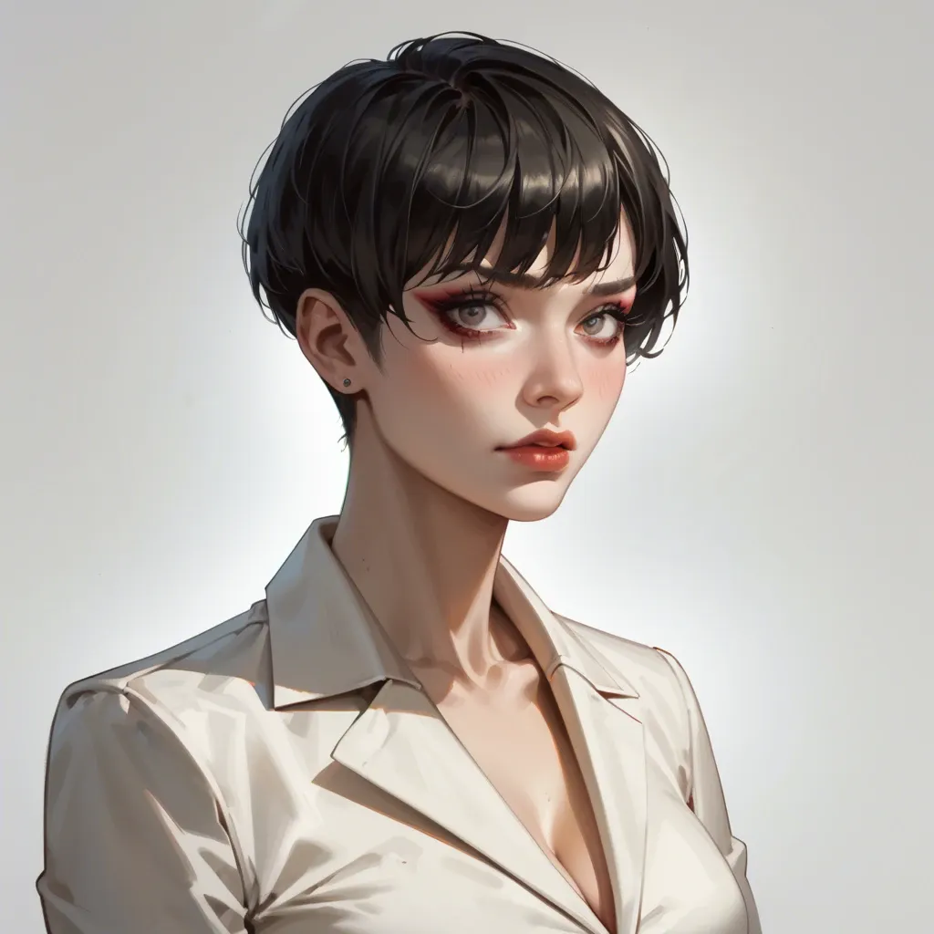 30s, tall, slender, fair skin, light makeup, career woman, black hair, pixie cut, professional, vulnerable, semi-realistic anime, embarrassed expression, Spirited Away art style, married woman, cinematic shot, dynamic lighting, 75mm, Technicolor, Panavision, cinemascope, sharp focus, fine details, 8k, HDR, realism, realistic, key visual, film still, cinematic color grading, depth of field, natural beauty