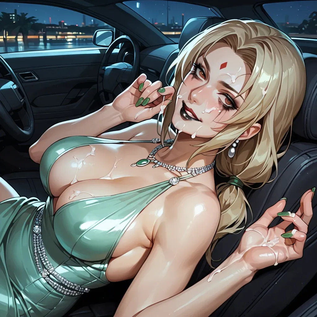 Tsunade, presenting palms, cum on hands, cum on face, smiling, in car seat, night, elegant light blue dress, elbow gloves, necklace, earrings, green nails, lying, blink , transparent heels, black lipstick, runny lipstick, mascara tears