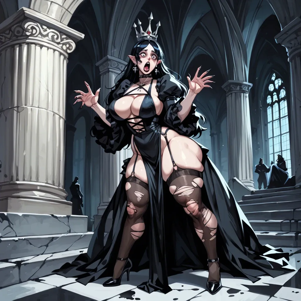 Gothic zombie girl, hourglass figure, sexy elegant clothes, ripped clothes, huge boob knockers, thick thighs, fat juicy ass, pawg, look shocked,  highheels, Gothic night castle