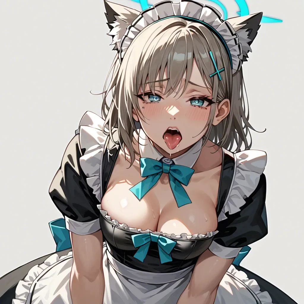 shiroko (blue archive),maid,1girl solo,sad-cute face,ahegao,with maid dress