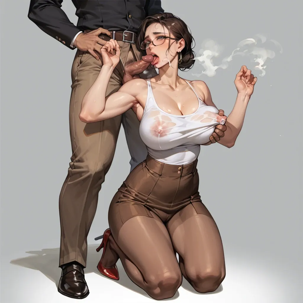 1girl,1boy, , , , luscious lips,hands up,licking nipple,waist grab,tank, focus on eyes,steamy feet,big breast,grabbing hips,kneeling facial, brown pants,pantyhose,glasses,panties on,high heels, pull shirt,white stockings,highleg panties,no bra,, zelda sd, spider-gwen, rei