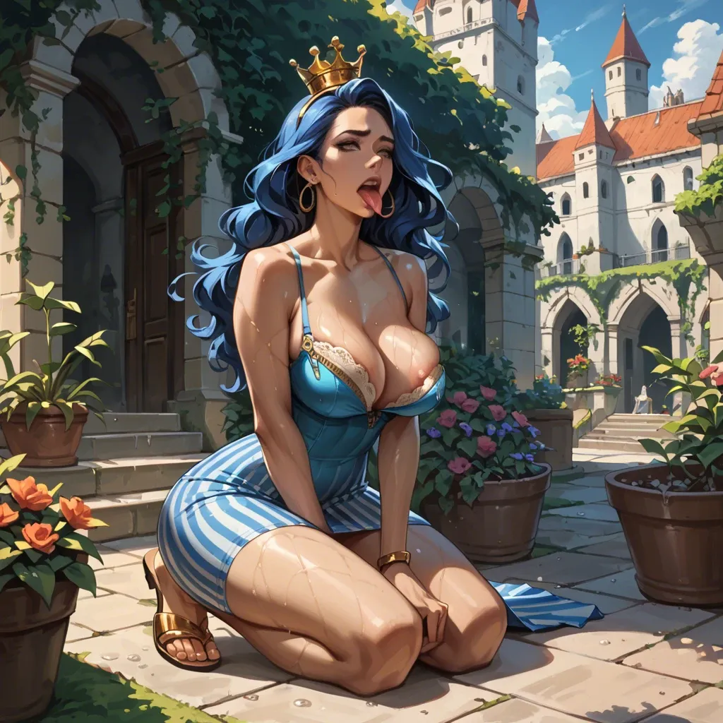 2girl, , , , thin nose,mechanical arm,cleavage,very wide hips,shoulders, thick tongue,on knees,nipples,breast implants,kneepits, blue dress,striped skirt,gold crown,pull wet bra,sandals, garden, castle exterior, on bed, hyper-realistic, dark studio, mario, elsa, ayanami rei