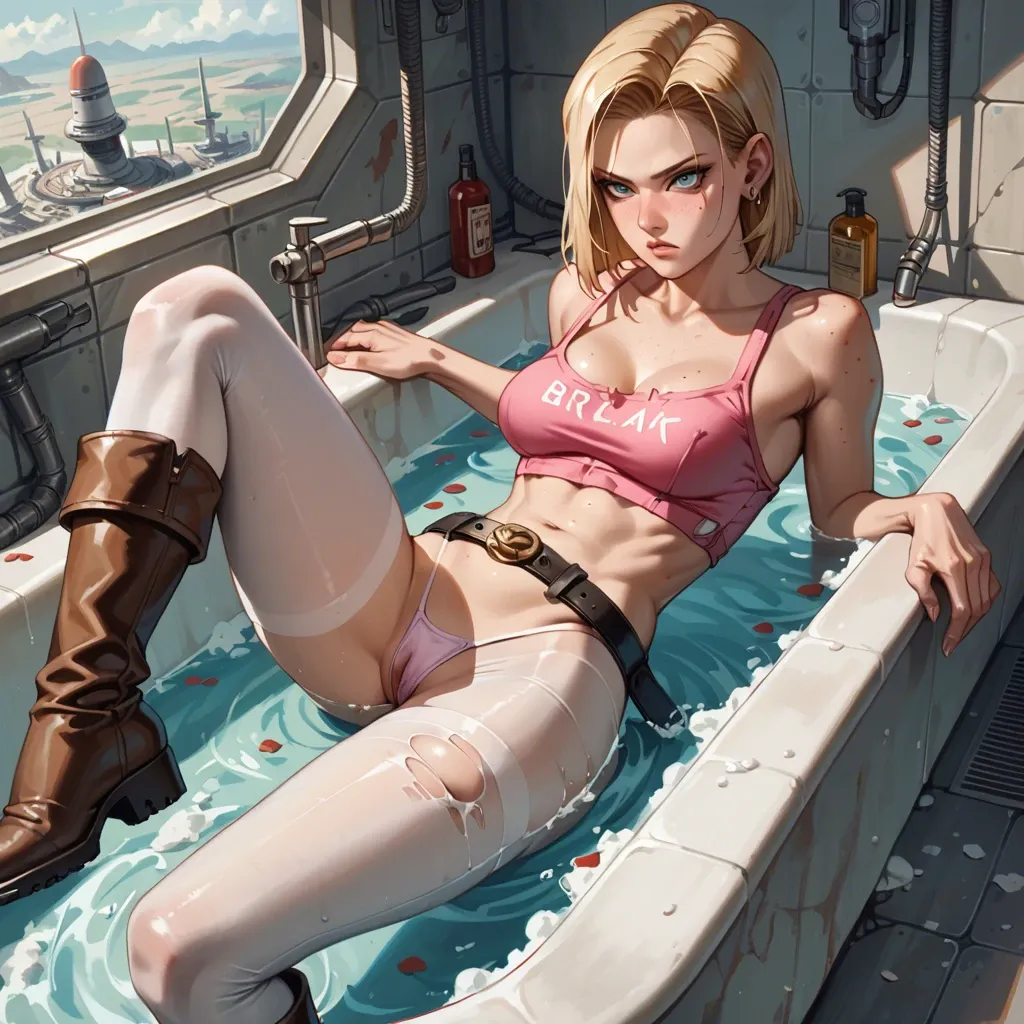 1girl,1boy, , , , freckled,1 leg up,round big tits,medium boobs,neck, pink crop top,white pantyhose,black belt,micro thong,knee boots, bathtub, battlefield, spaceship, android 18