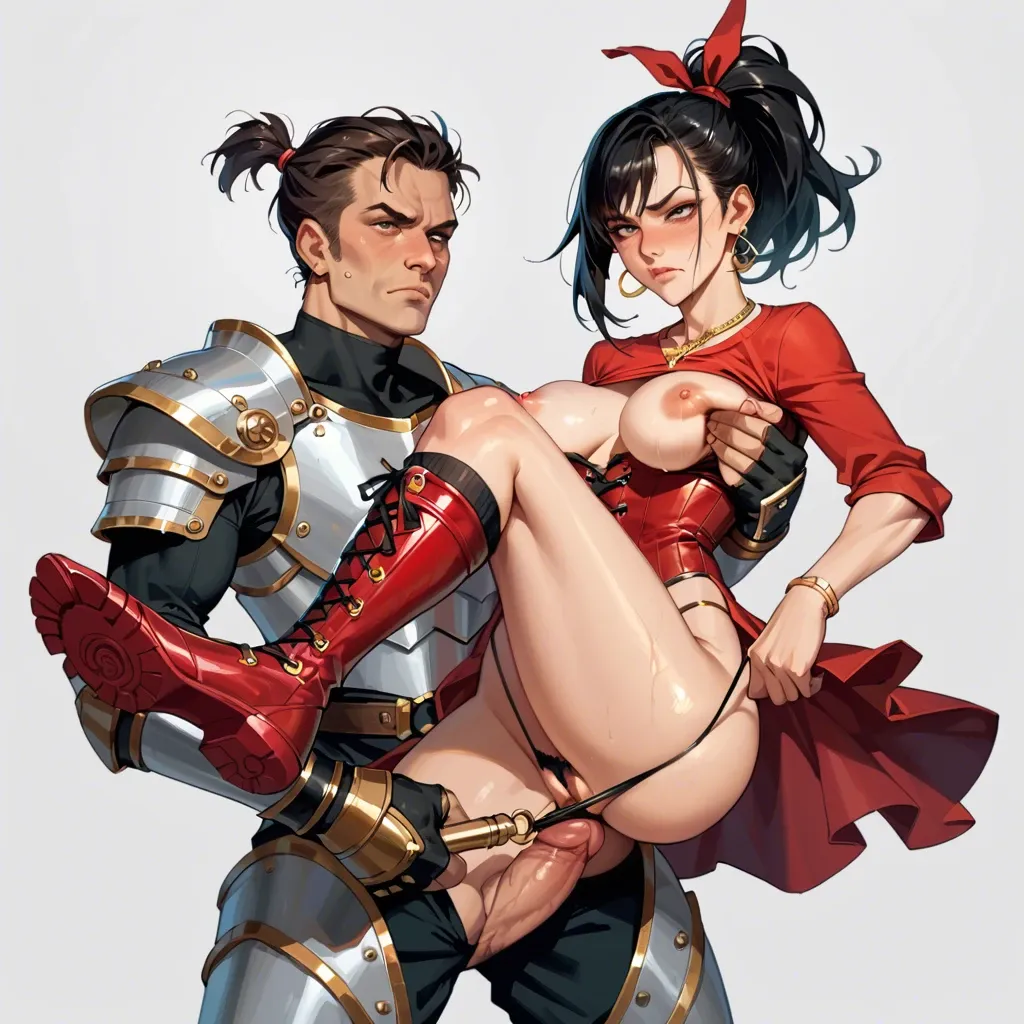 2girl, , , , cheek press,soles,one nipple out,groping breast,gold necklace, shirt torn off,leg warmers,hair tie,red corset,armored boots, pulling shirt,laced bodysuit,gold earrings,micro thong,ballet shoes, nightclub, sparkling, spaceship, grabbing dildo