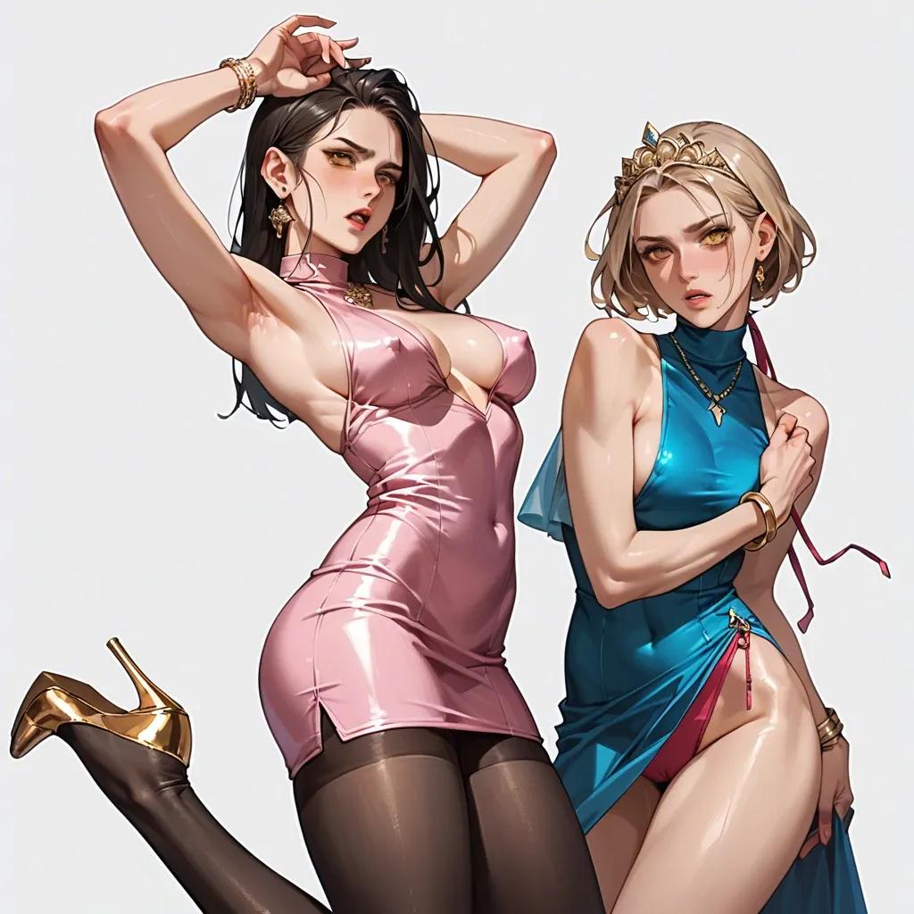 2girl, , , , gold eyes,arm up,nipple,no boobs,blue turtleneck, half dressed,black leggings,gold tiara,pink leotard,stiletto heels, cocktail dress,leggings,bracelets,string bodysuit,sneakers, sit on a couch, dungeon, dog collar, anime coloring, by night, tifa, spider-gwen, waifu