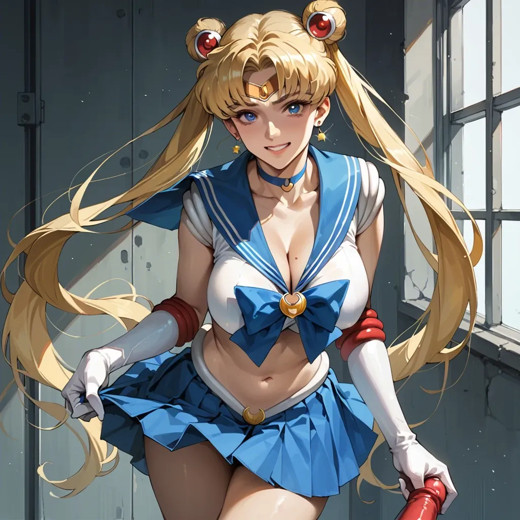 tsukino usagi, sailor moon, 1girl, solo, long hair, breasts, looking at viewer, smile, bangs, blue eyes, skirt, blonde hair, large breasts, hair ornament, gloves, navel, holding, cleavage, twintails, jewelry, very long hair, closed mouth, underwear, standing, panties, heart, thighs, cowboy shot, pleated skirt, earrings, sky, choker, elbow gloves, midriff, white gloves, miniskirt, sailor collar, stomach, hair bun, white panties, red bow, lips, mini blue skirt, crop top, double bun, cameltoe, garter straps, pantyshot, magical girl, blue sailor collar, crescent, breast hold, circlet, wand, red choker, arm under breasts, crescent moon, sailor senshi uniform, holding wand, heart choker, crescent earrings