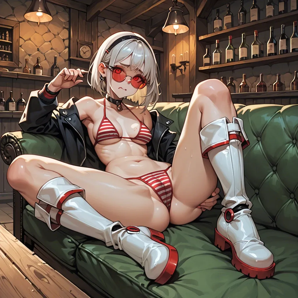 1girl,solo, , , , rosy cheeks,bound ankles,round boobs,tits grab,shoulders, black jacket,striped bikini,red sunglasses,thongs,white boots, sit on a couch, tavern setting, robot eyes, in bed, zelda sd, jasmine, miku hatsune