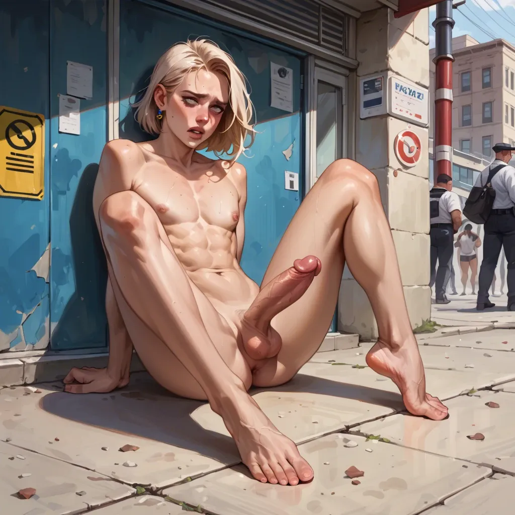 A young androgynous and thin boy, naked, looks at his cock with an embarrassed look, in public. Nice sole feet and nice balls