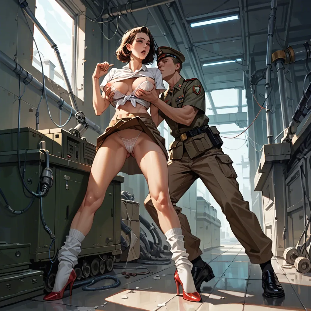 2girl, , , , machine,ankle,medium boobs,breast grab,elbow, upskirt,baggy socks,strings,pulled bra,no shoes, brown pants,lace,tied shirt,showing thong,high heels, army uniform,white lace,dangly earrings,pulled bra,heels, bathroom, ocean, spaceship, robot girl, painted, darkness, spider-gwen