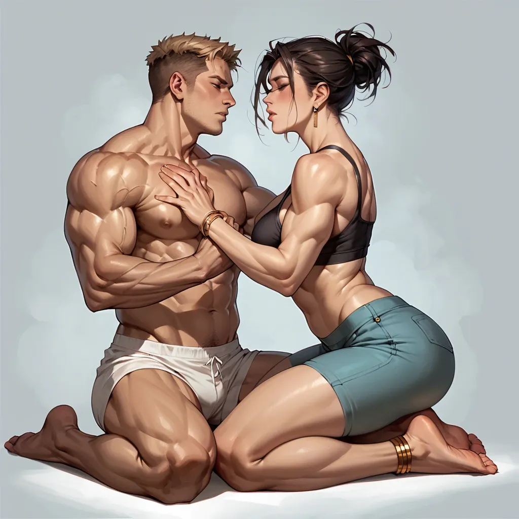 1girl,1boy, , , , high cheekbones,bare arms,firm breasts,relationship,bare shoulders, lips parted,large biceps,round big tits,very wide hips,kneeling slut, underpants,gold anklets,metal rings,pulled bra,black boots, sit on a couch, lying on beach, castle exterior, ultra realistic, shadows, elsa