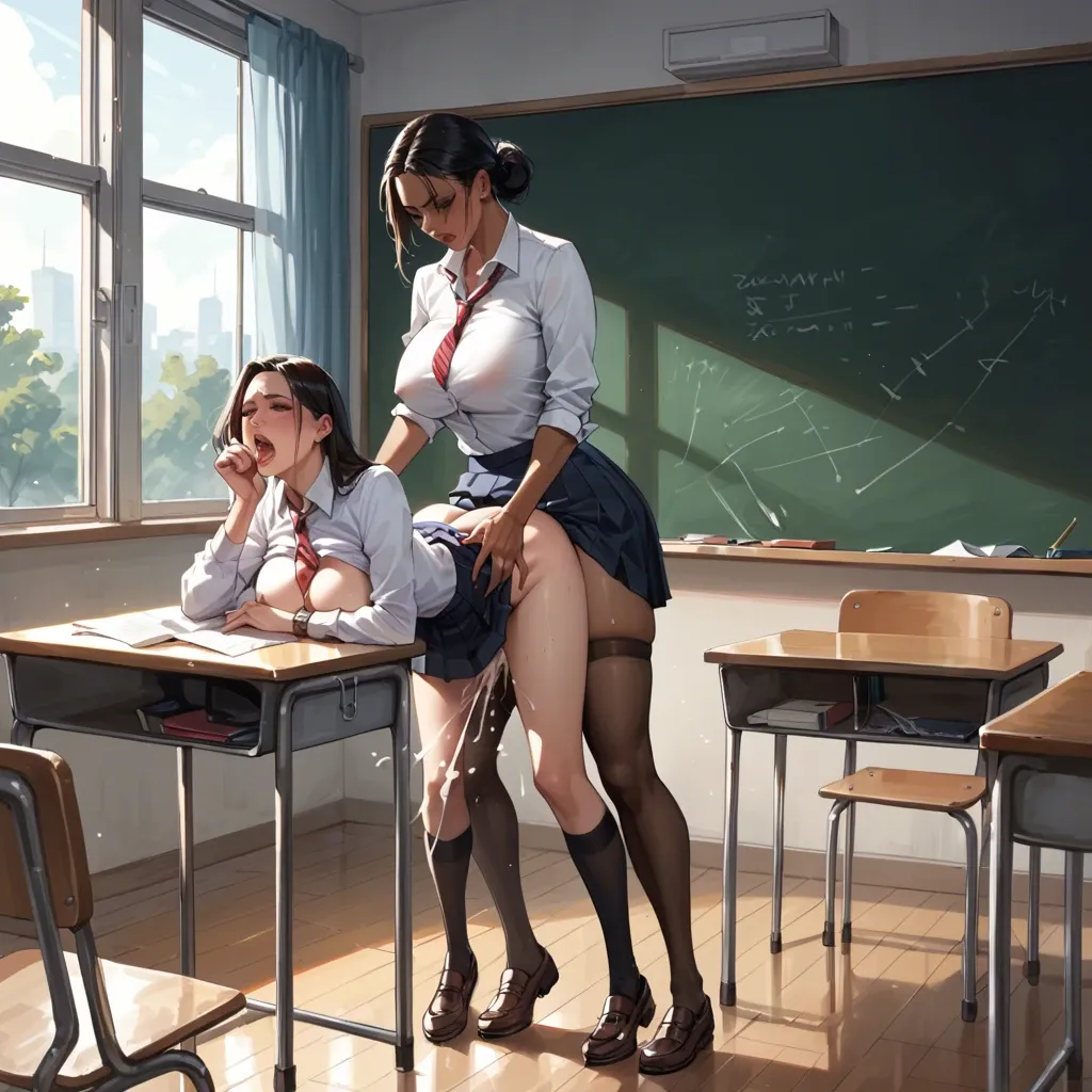 Futanari girl forcefully fucking schoolgirl, futanari uncontrollable ejaculation, forceful impregnation, classroom, interacial, less than 18