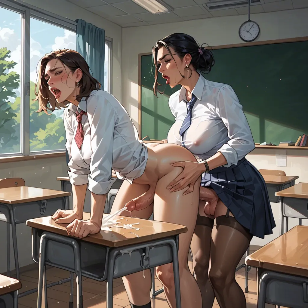 Futanari girl forcefully fucking trapped schoolgirl, futanari uncontrollable ejaculation, forceful impregnation, classroom, interacial, less than 18