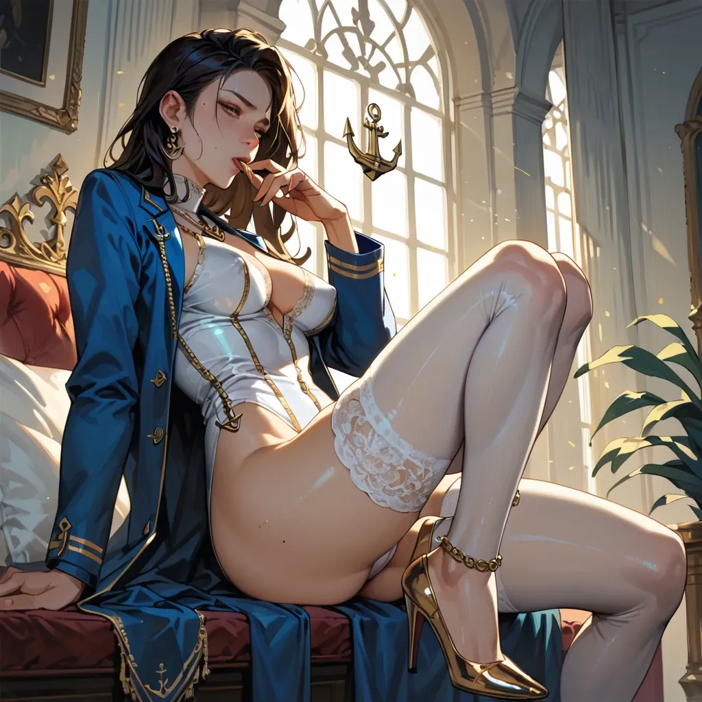 1girl,solo, , , , sexy mole,on elbows,nipple sucking,backlighting,anchor necklace, blue jacket,lace stockings,gold jewelry,white leotard,heels, blue dress,gold anklets,earrings,bodysuit,gothic boots, showering, alley, spaceship, blindfold, realistic style, bright day, zelda, waifu