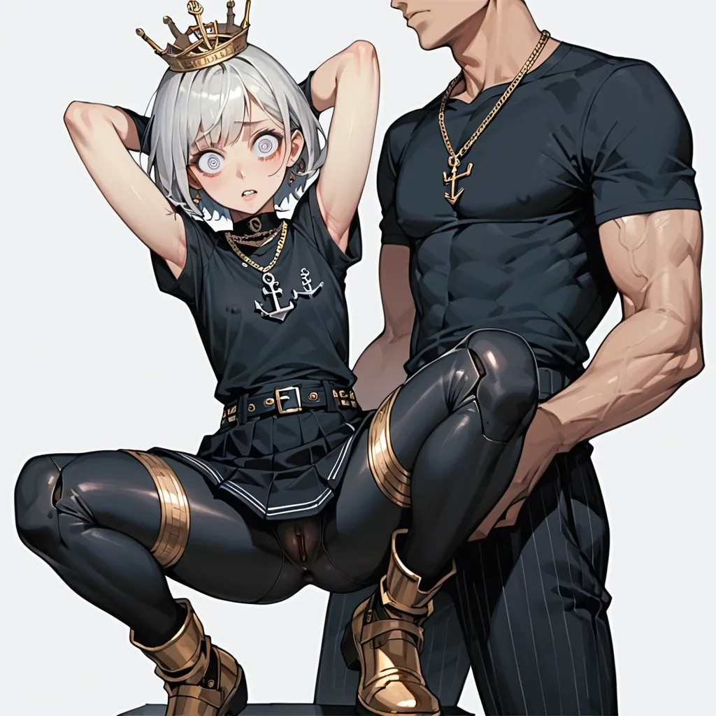 1girl,1boy, , , , very big eyes,spread armpits,show nipple,hip bones,joints, plain t-shirt,gold anklets,suspender belt,black bodysuit,boots, lifting skirt,anchor necklace,crown,black panties,armored boots, glass shower, piledriver, spaceship, facing camera, detailed irises, bright light, ariel