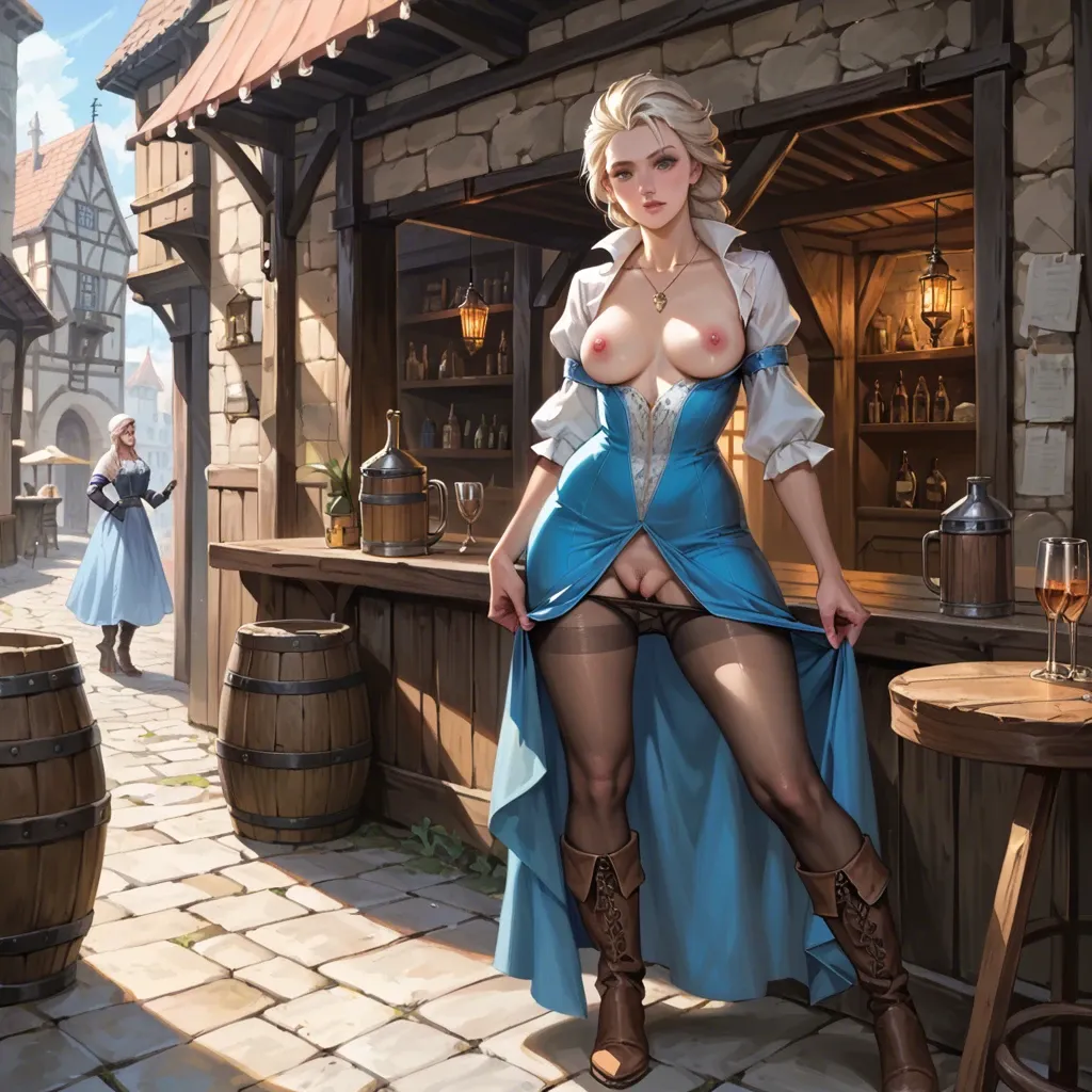 2girl, , , , brown eyes,arm support,pink nipples,big hips,golden necklace, blue dress,pantyhose pull,cap,crotchless,brown boots, blake, medieval tavern, realistic fur, dark alleyway, elsa