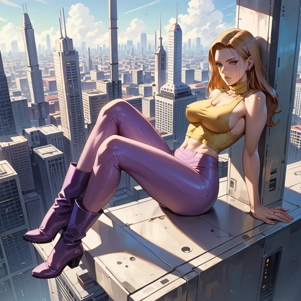 2girl, , , , large nose,nice feet,perky tits,city background,turtleneck, yellow tank top,leggings,rings,no bra,boots, nobara kugisaki, daphne blake, spaceship, android 18, robot joints, detailed eyes, bright colors, mario and luigi, wonder woman, makinami