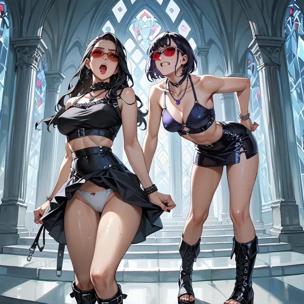 2girl, , , , clenching teeth,college student,blue nipples,bent at waist,standing doggy, crop top,ice palace,red sunglasses,white panties,gothic boots, black dress,purple necklace,beaded jewelry,bikini,strappy sandals, couch, dark alley, spaceship, on a bed, zelda sd, jasmine, rapunzel waifu