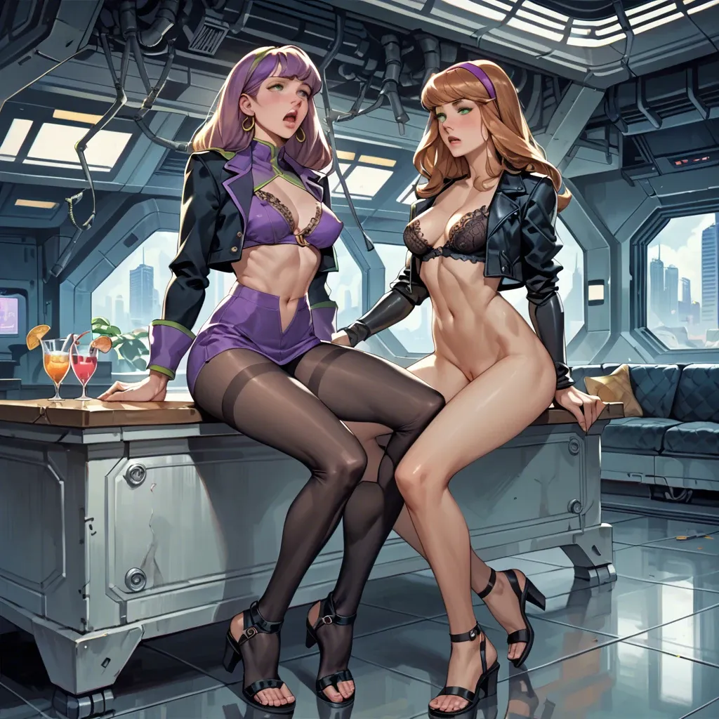 2girl, , , , green eyes,black footwear,nipple bulge,slim hips,distant, black jacket,black pantyhose,metal rings,lace bra,strappy sandals, bare midriff, daphne blake, spaceship, cyborg girl, hands on table, princess peach