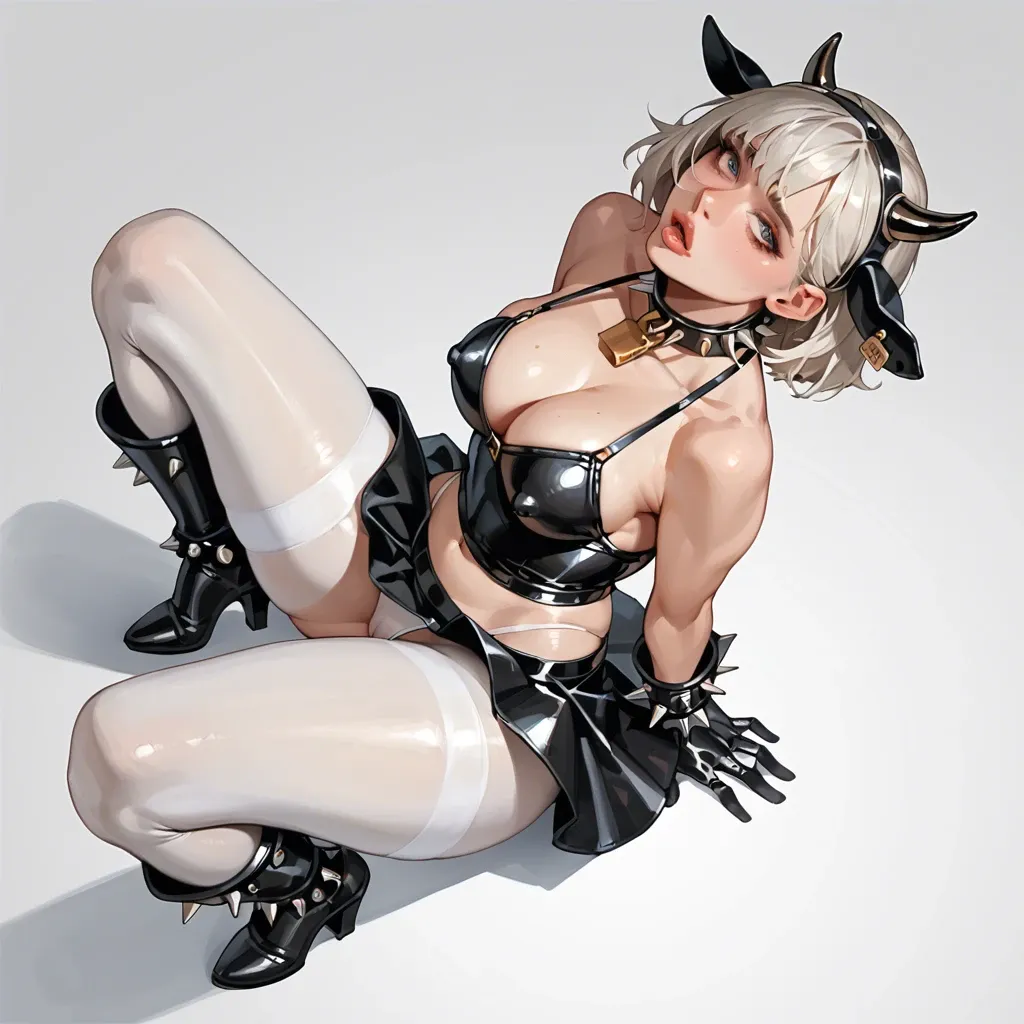 1girl,solo, , , , finger on lips,thick thighs,nipple bulge,from above,on elbows, cow costume,white pantyhose,spiked collar,armored boots, slit skirt,baggy socks,latex gloves,no shoes, costume,fishnet sleeve,green ,collar,orange leotard,brown boots, cum on boobs,kitchen, piledriver, cyberpunk, robot girl, phone exposure, princess zelda, spider-gwen