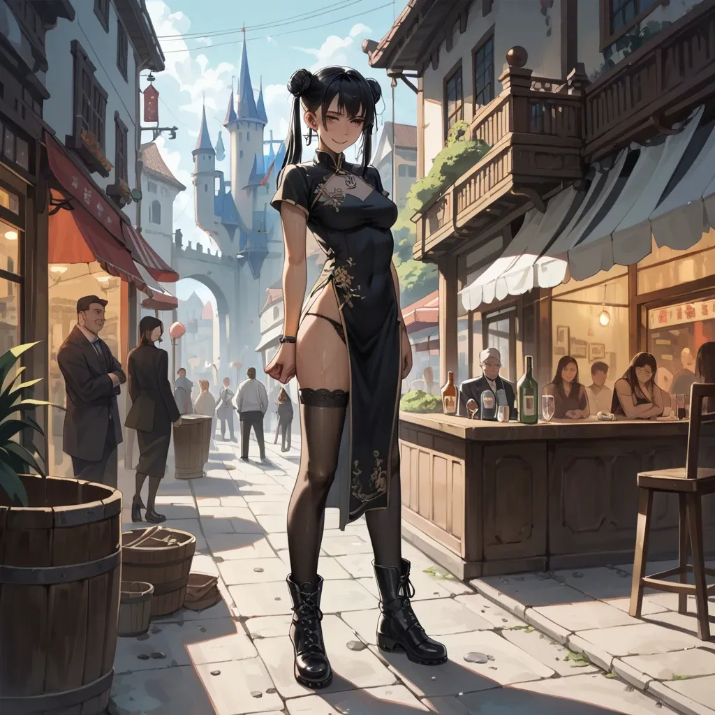 2girl, , , , high nose,warm smile,perky tits,bar background,anchor necklace, china dress,black stockings,black panties,wet panties,gothic boots, living room, crowded street, castle exterior, unforgettable, uncomfortable, anime, golden hour, spider-gwen, dynamics