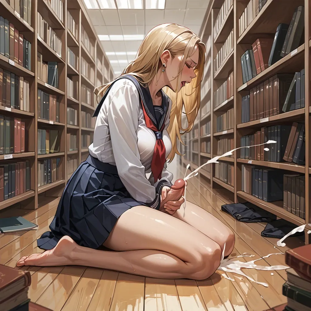 Futanari masturbating.  In library. Dressed in school uniform.  Blonde. Barefoot. Ejaculating.