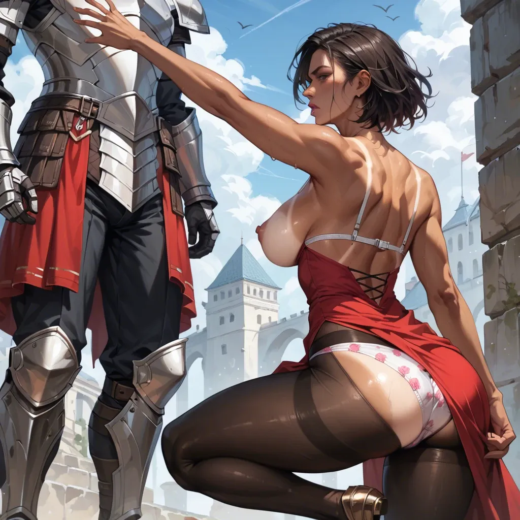 1girl,1boy, , , , clenching,armored,nipples showing,back view,tan line, full pink lips,detailed hand,large areolae,thin waist,one knee up, red dress,black leggings,print panties,panties visible,boots, pink t-shirt,leggings,long gloves,sexy red bikini,shoes, blue jacket,white pantyhose,black gloves,bra,sandals, hospital, crowded street, castle, camera, photorealistic, bright-lit room, anna, hatsune miku