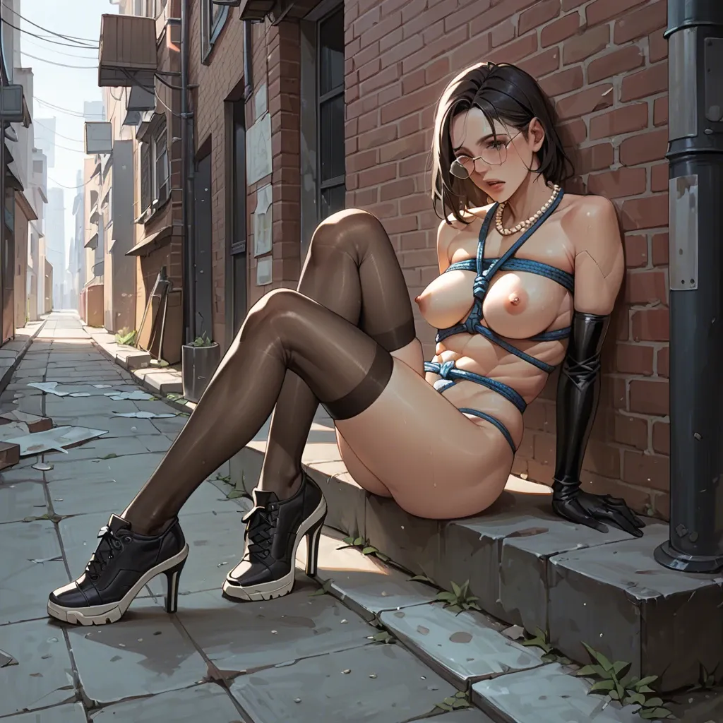 2girl, , , , dark pupils,steamy feet,medium boobs,waists,joints, shirtless,pearl necklace,circle glasses,no bra,sneakers, no pants,stockings,gloves,mesh bodysuit,heels, shibari, alleyway, cyberpunk, uncomfortable, rapunzel waifu, miku hatsune