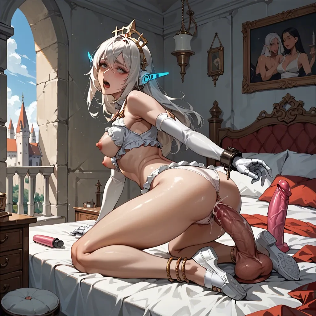 2girl, , , , balls on nose,hand in ass,pointy nipples,medium hips,elbow gloves, crop top,anklets,cotton panties,frilled bra,shoes, bedroom, restrained, castle exterior, robot girl, huge dildo, a realistic, dark, 2b